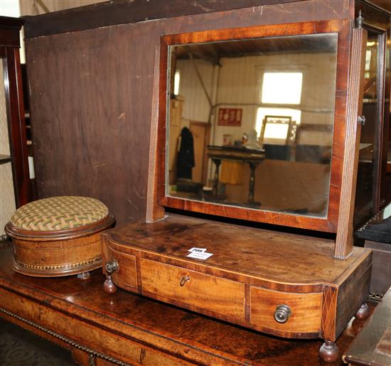 A Regency bowfronted mahogany toilet mirror and a Victorian inlaid walnut box topped footstool
